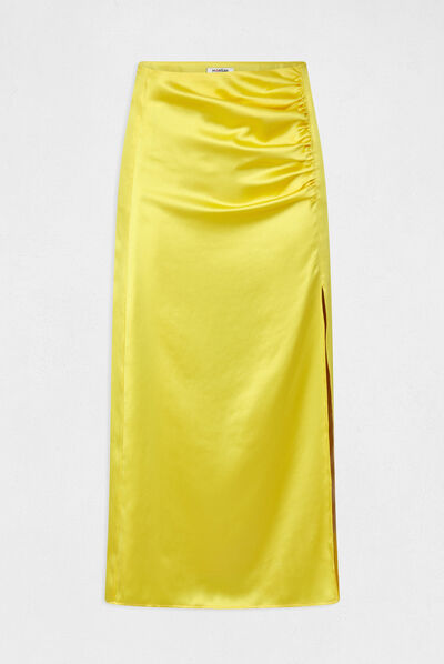 Jupe droite satin fendue jaune moyen femme