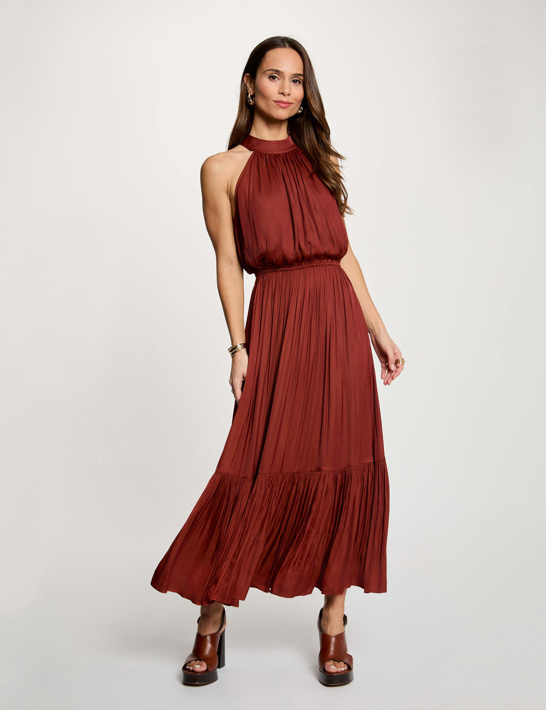 Robe longue évasée fluide cognac femme - vue 1