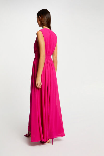 Robe longue évasée fendue rose fonce femme
