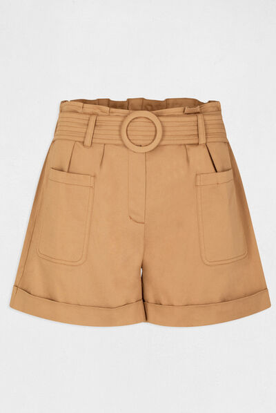 Short droit taille haute ceinturé caramel femme