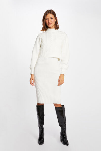 Robe pull ajustée effet 2-en-1 ecru femme