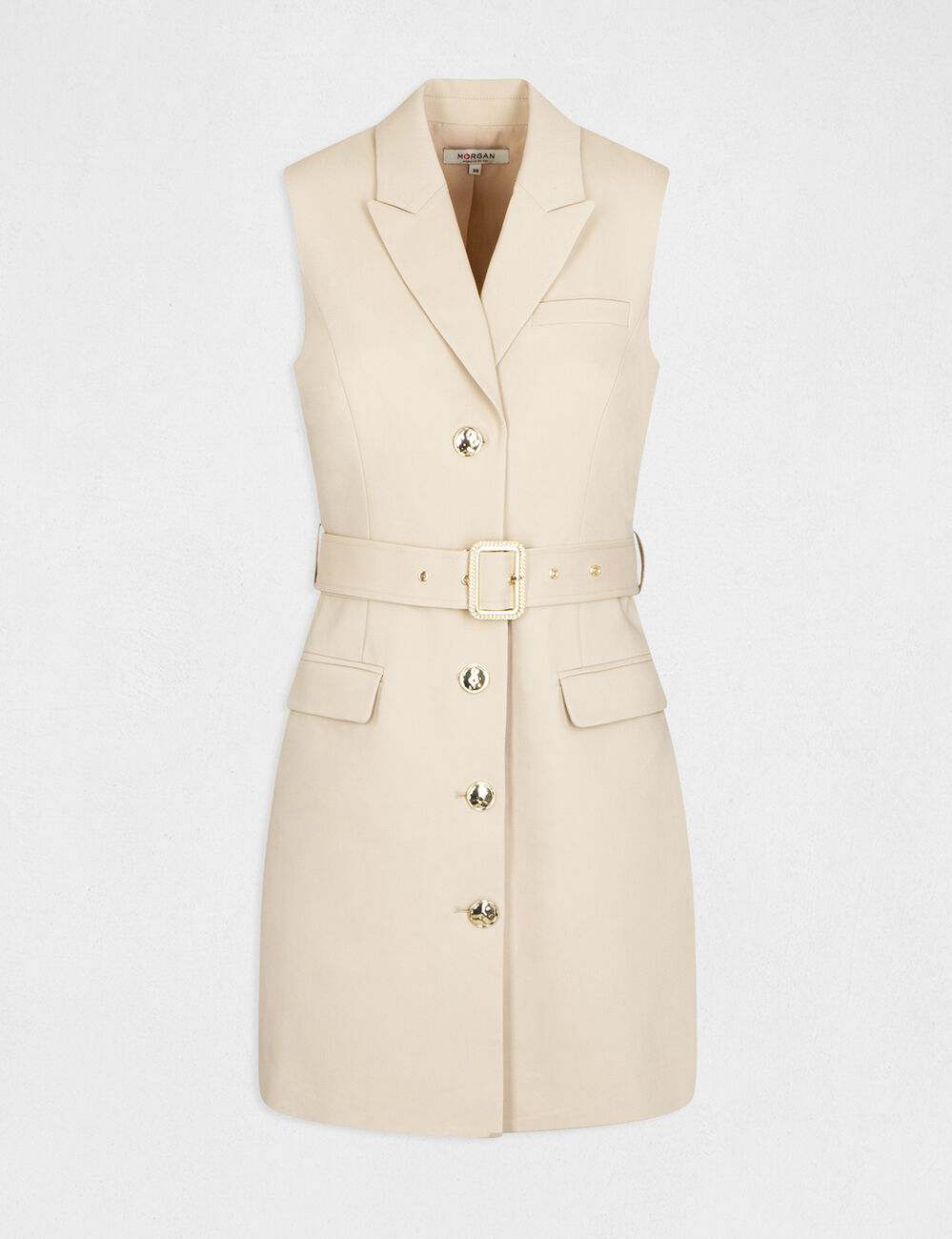 Robe droite sans manches ceintur&eacute;e beige femme