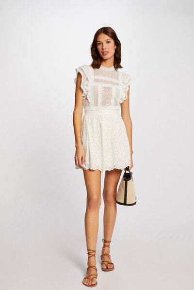 Jupe droite en broderie anglaise ecru femme