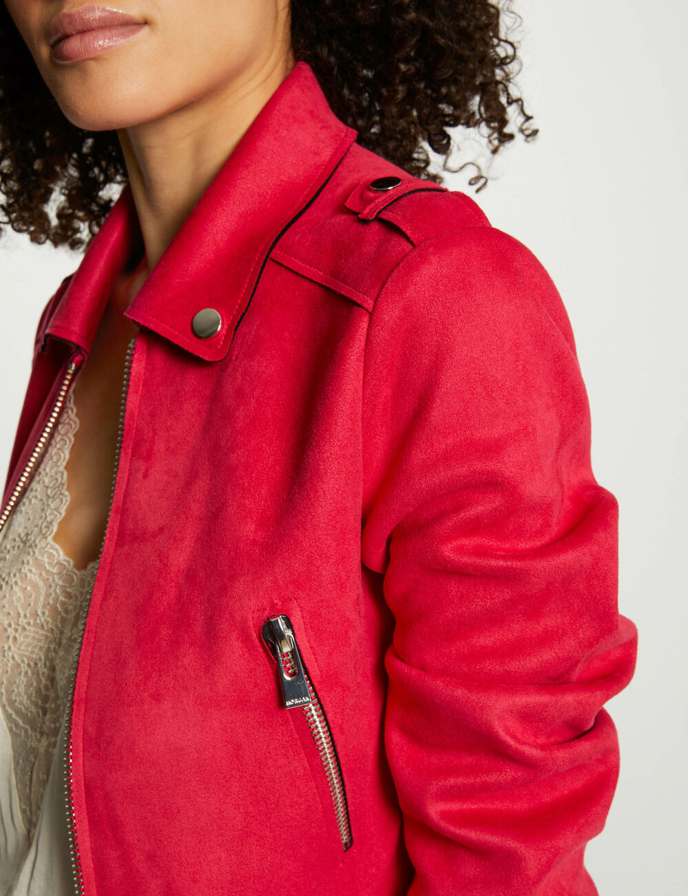 Blouson droit aspect suédine rose femme