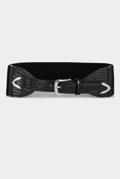 Ceinture élastiquée aspect croco noir femme