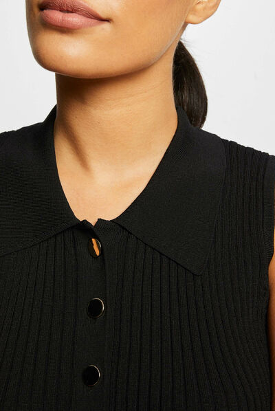 Pull débardeur sans manches col polo noir femme