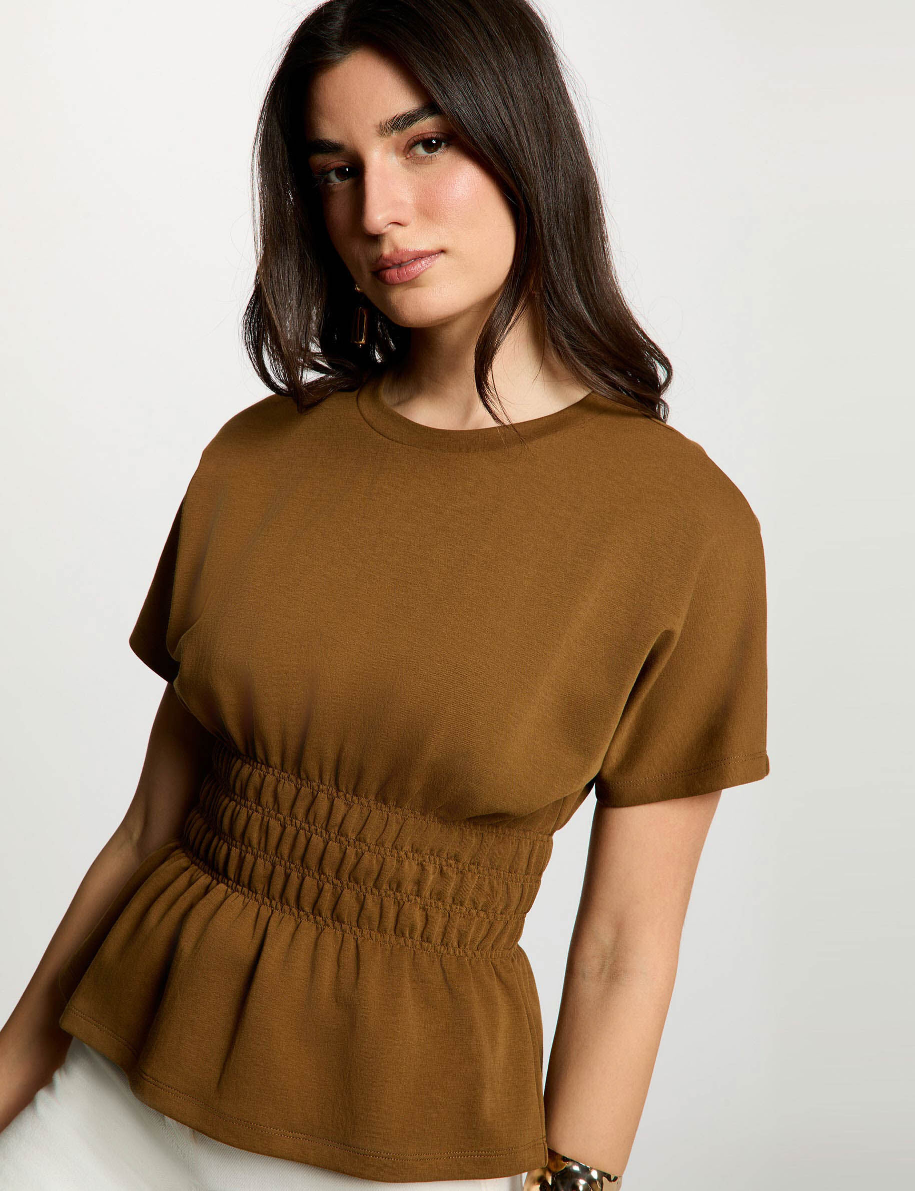 T shirt droit col rond camel femme - vue 1