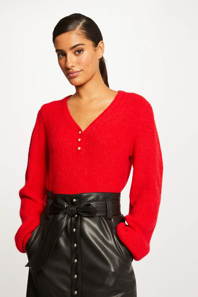 Pull manches longues à col en V rouge femme