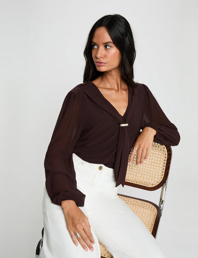 T-shirt voile col lavalli&egrave;re marron fonc&eacute; femme