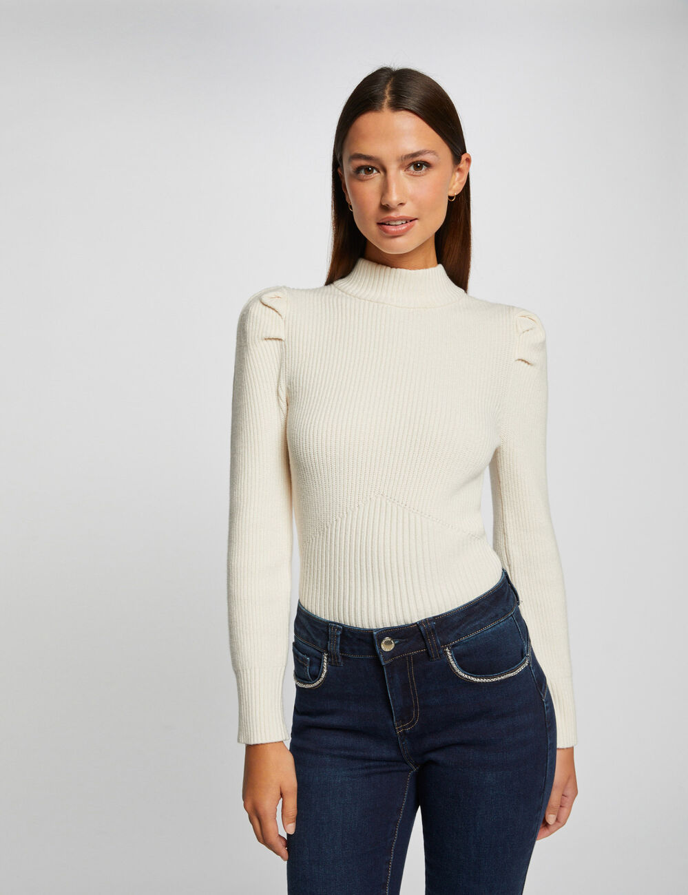 Pull manches longues à col montant ivoire femme