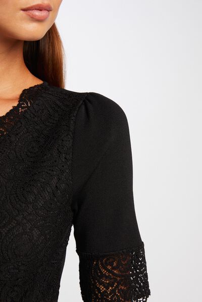 Pull manches courtes à dentelle noir femme