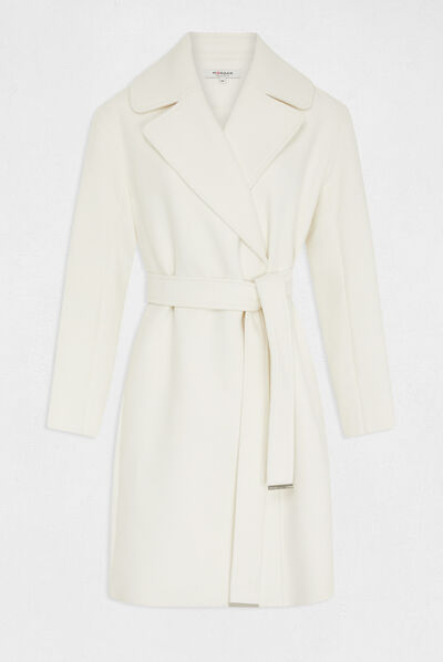Manteau long droit ceinturé ecru femme