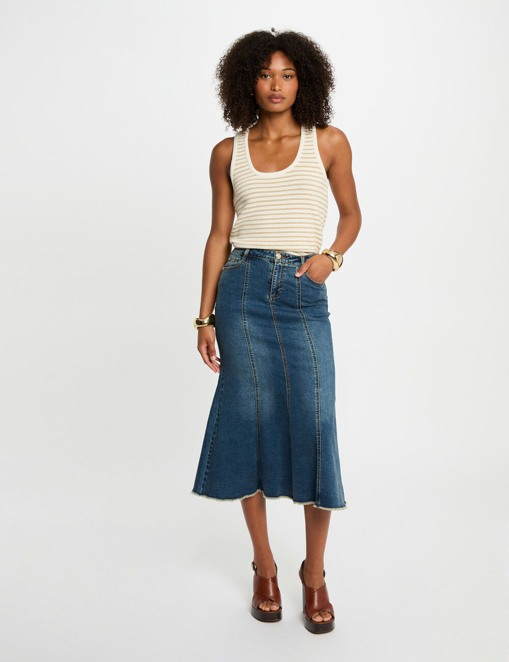 Top en maille ray&eacute; blanc femme