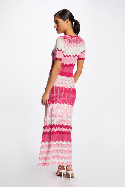 Robe pull longue droite imprimé chevron rose fonce femme