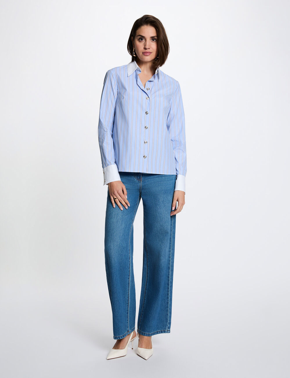 Chemise ray&eacute;e col contrastant bleu ciel femme