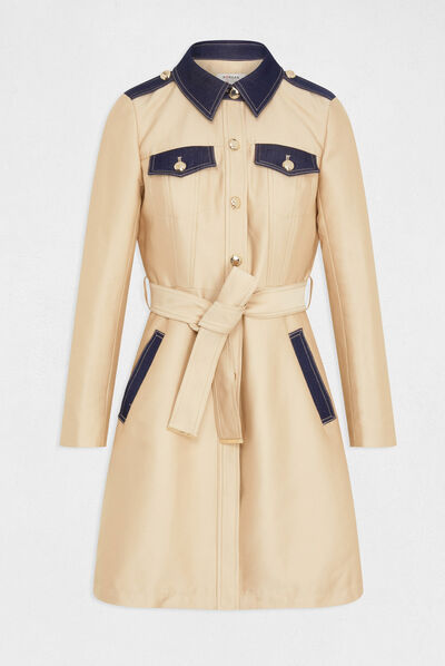 Trench long évasé ceinturé détails denim beige femme