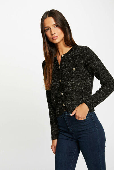 Gilet court boutonné fils métallisés noir femme