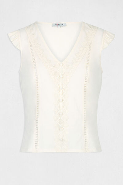 T-shirt manches courtes à dentelle ecru moyen femme