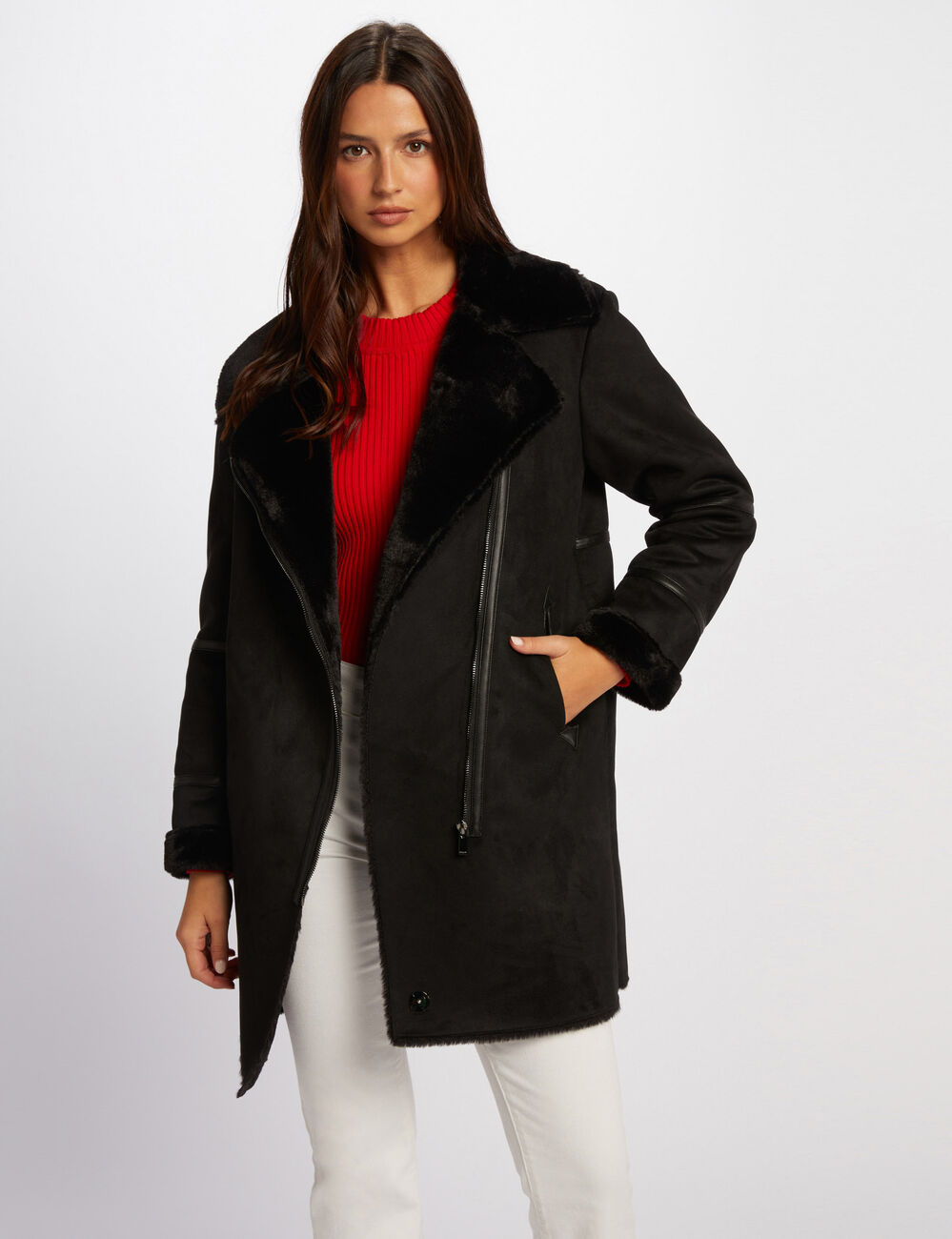 Manteau long su&eacute;dine noir femme