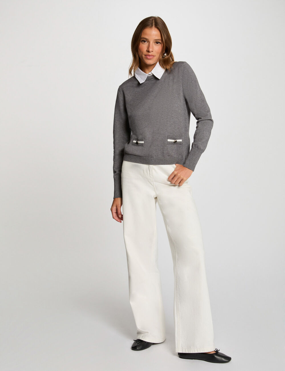Pull col chemise gris fonc&eacute; femme