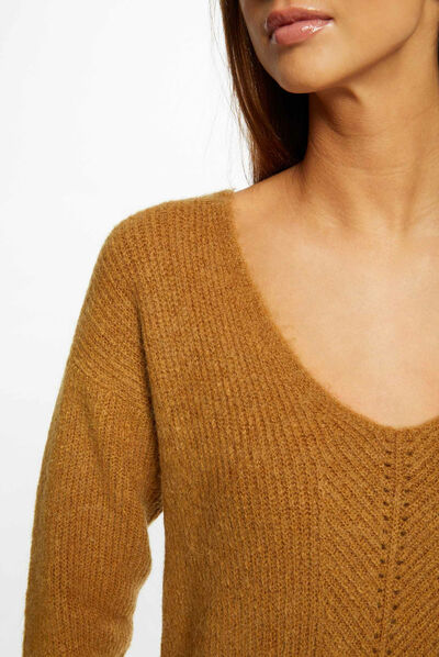 Pull manches longues avec col en V caramel femme