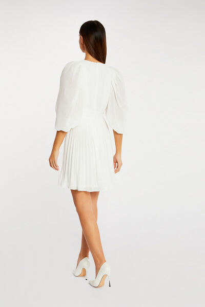 Robe évasée avec manches bouffantes ecru femme