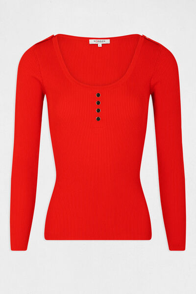 Pull manches longues à col en U rouge femme