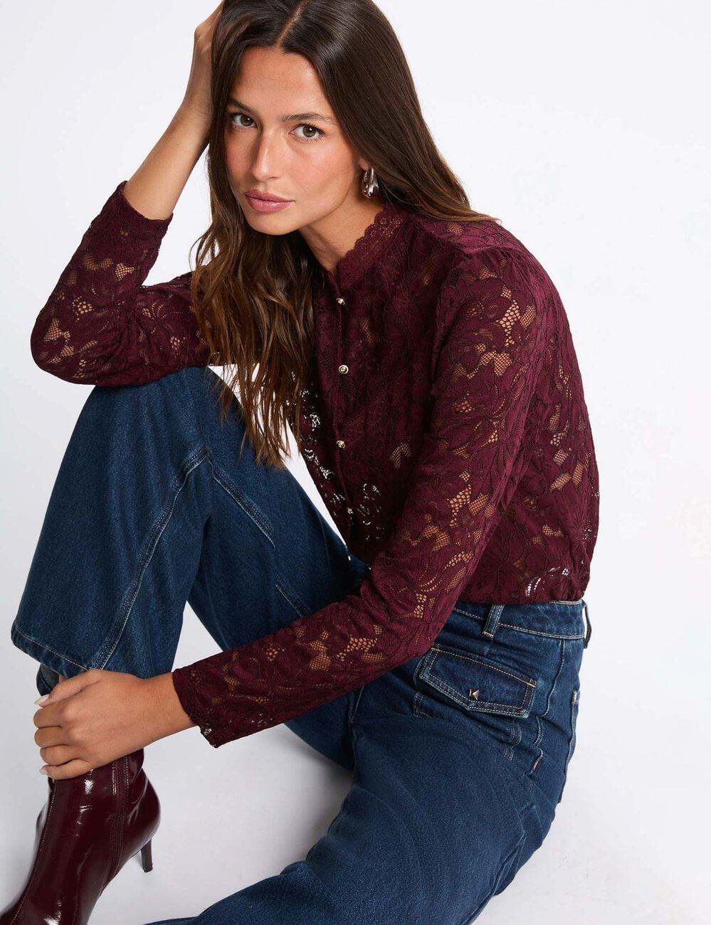 T-shirt dentelle col montant prune femme
