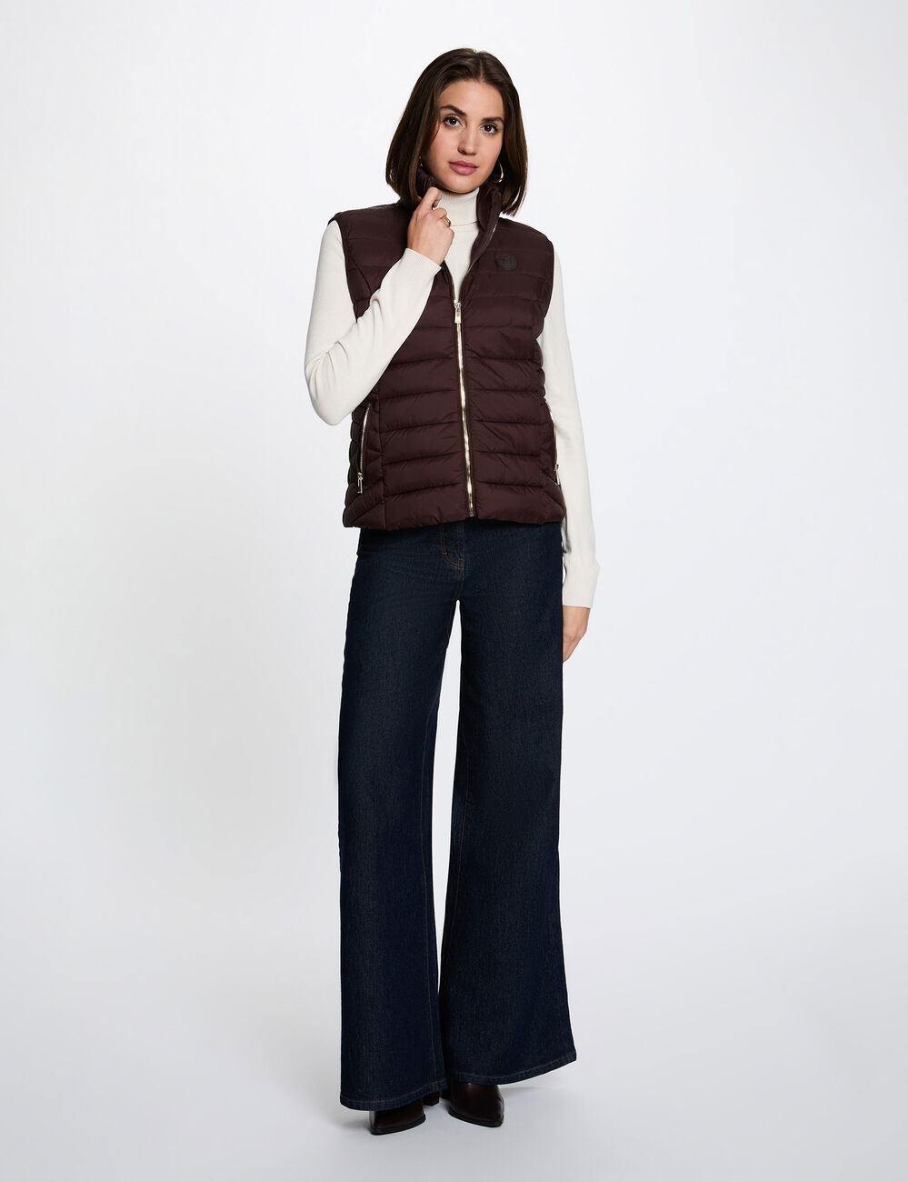 Doudoune sans manches col montant marron fonc&eacute; femme