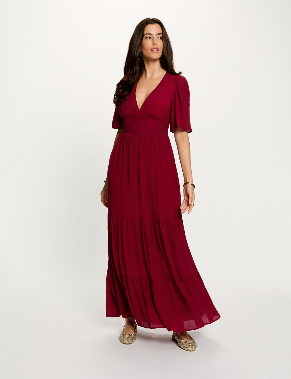 Robe longue col v bordeaux femme