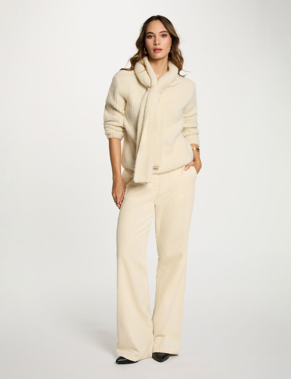 Pantalon large velours ecru femme