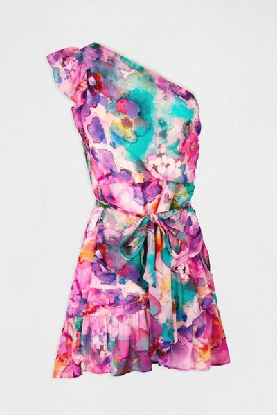 Robe ajustée drapée asymétrique imprimée multico femme