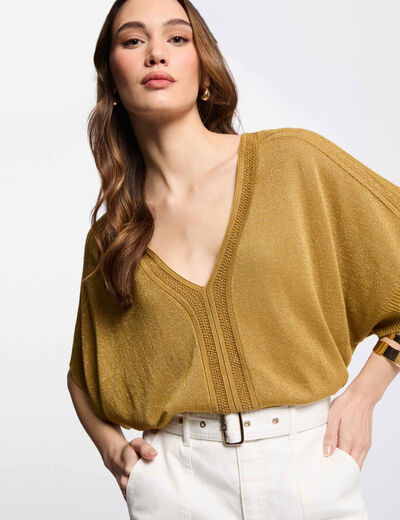Pull manches courtes jaune moutarde femme