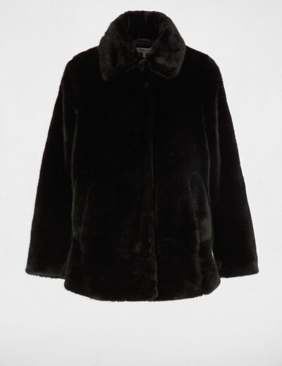 Manteau droit fausse fourrure noir femme