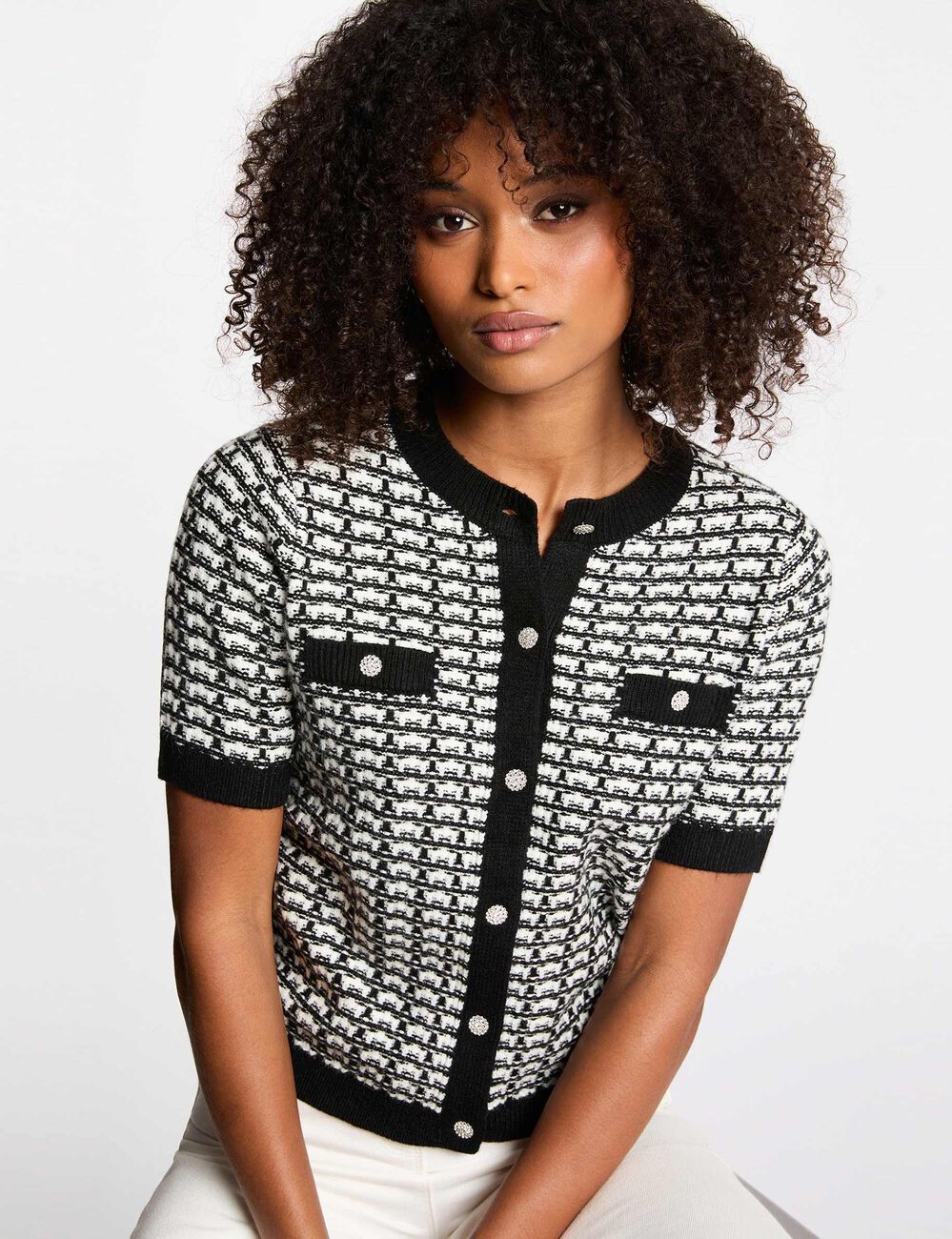 Gilet manches courtes imprim&eacute; noir femme