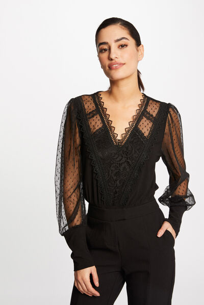 T-shirt manches longues avec plumetis noir femme