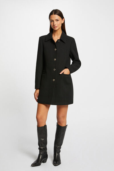 Manteau long droit boutonné noir femme
