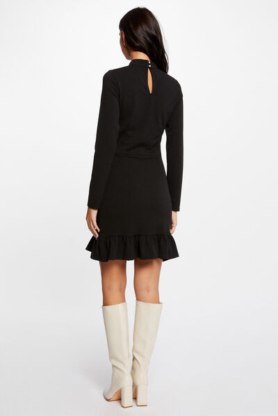 Robe ajustée à volants et col montant noir femme