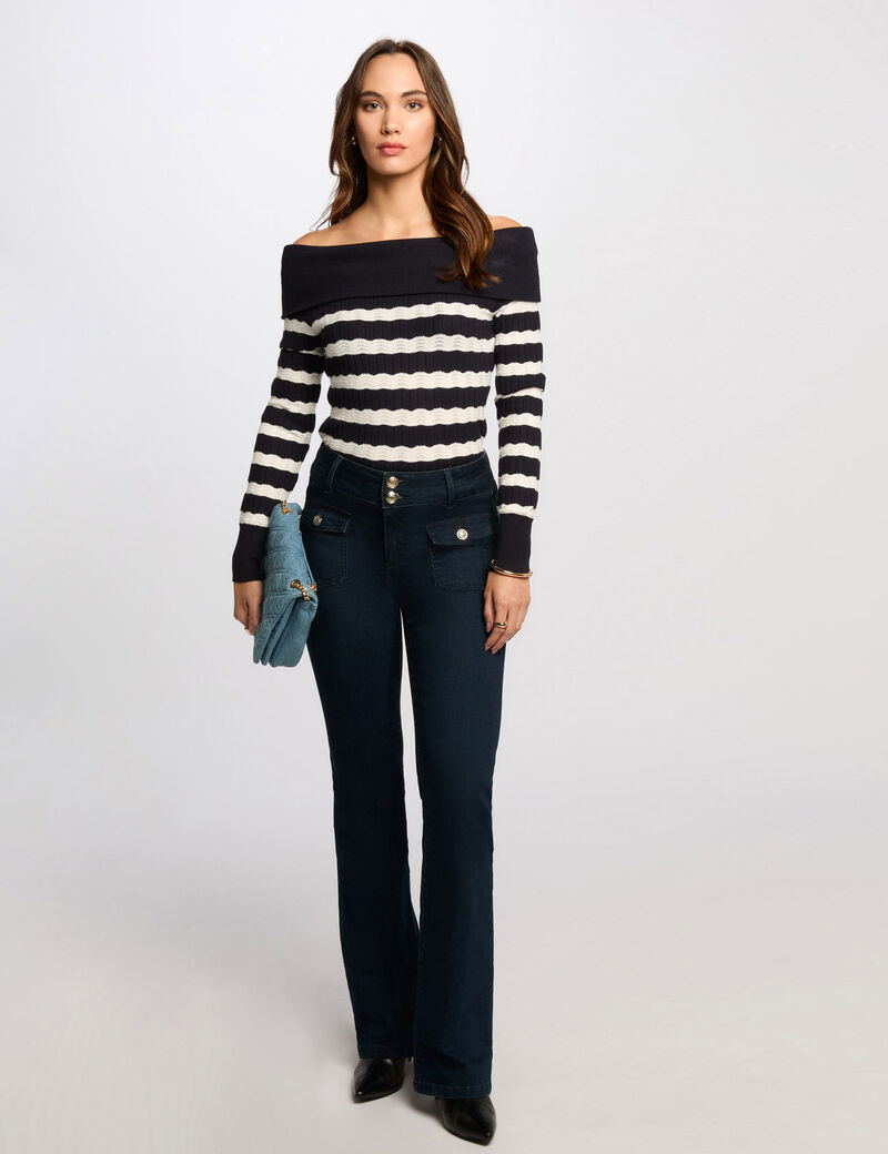 pull col bardot raye bleu marine femme Pull col bardot rayé bleu marine femme