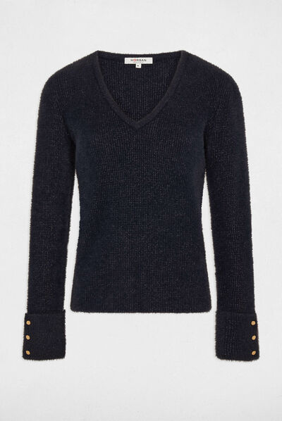 Pull manches longues avec col en V marine femme