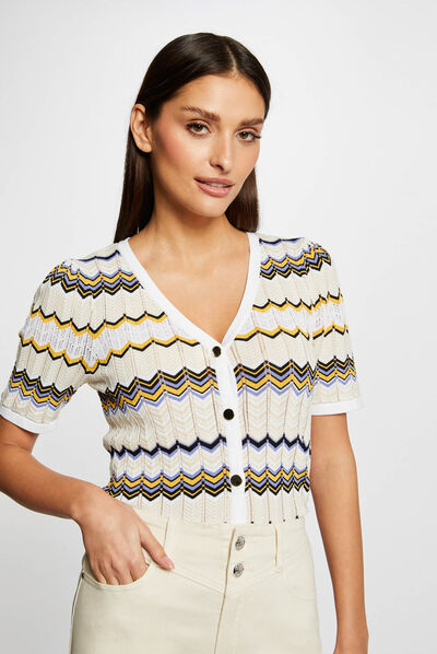 Pull manches courtes imprimé chevron ivoire femme