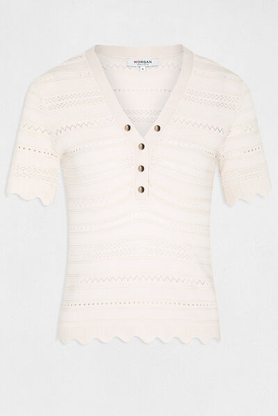 Pull manches courtes détails ajourés ivoire femme