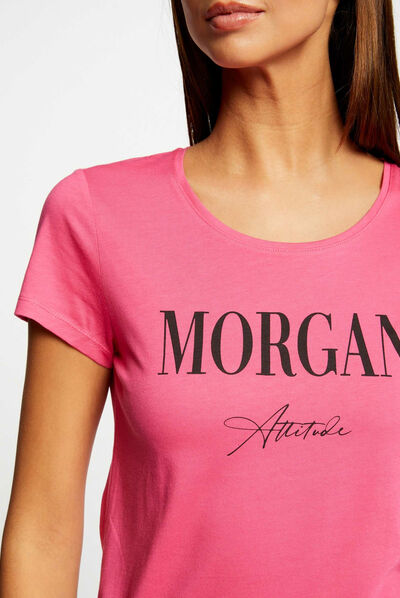 T-shirt manches courtes à inscription fuchsia femme