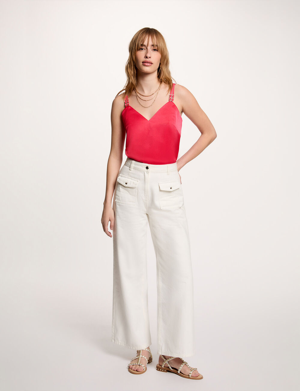 Top satin &agrave; bretelles rouge corail femme