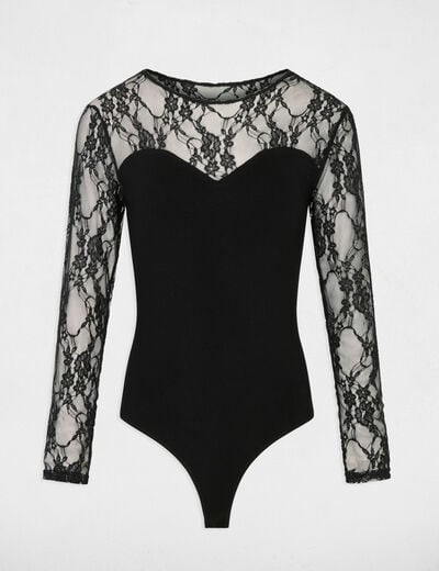 Body dentelle col rond noir femme