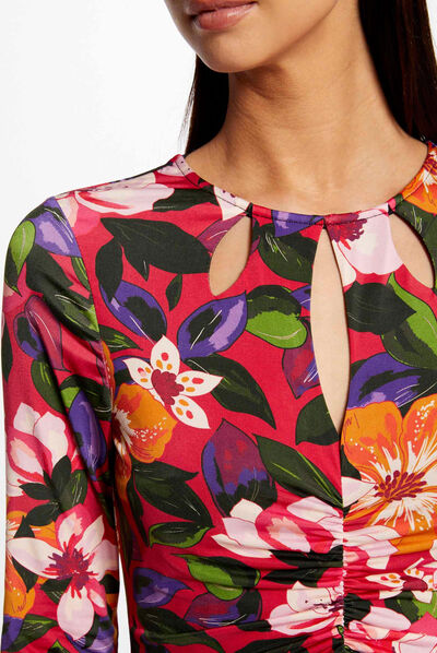 Robe midi ajustée froncée imprimé floral multico femme