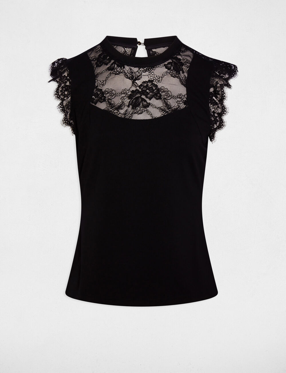 T-shirt dentelle col montant noir femme