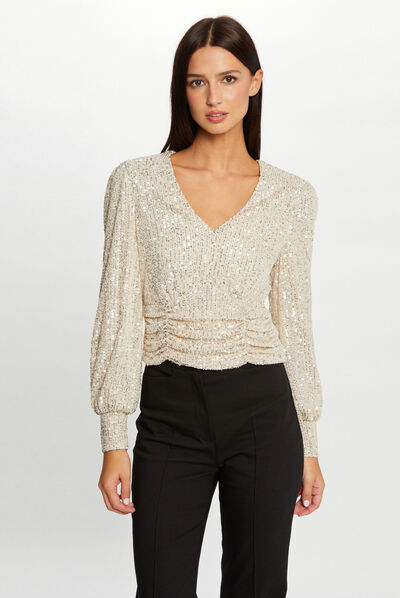 T-shirt manches longues à sequins champagne femme