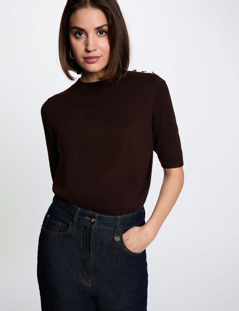 Pull col rond manches courtes marron fonc&eacute; femme
