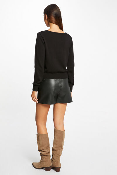 Gilet droit boutonné avec col en V noir femme